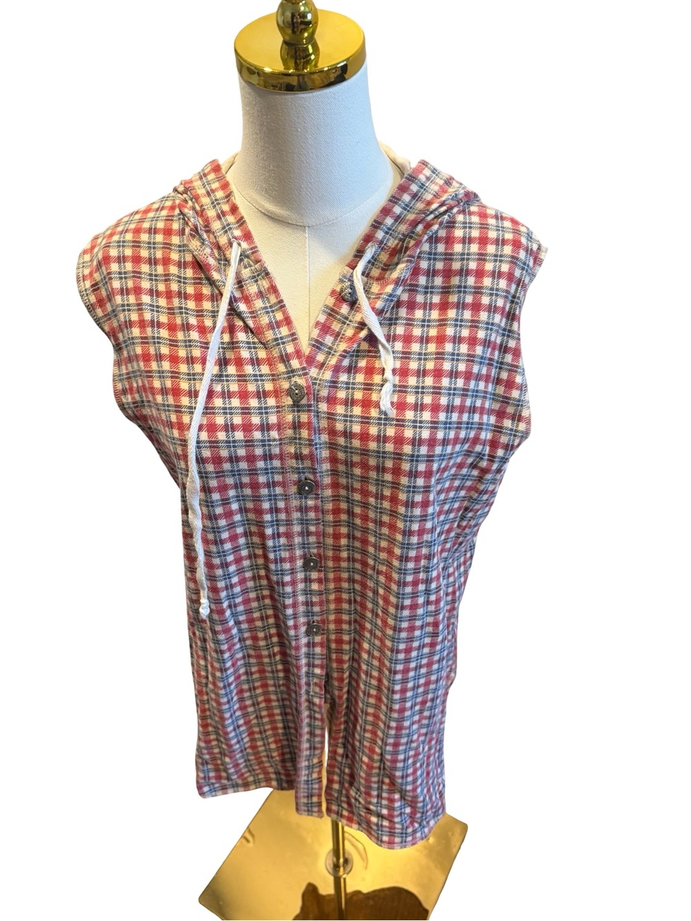 Vintage limited jeans Sleeveless Hooded Plaid Button-Up Top in Red and White
